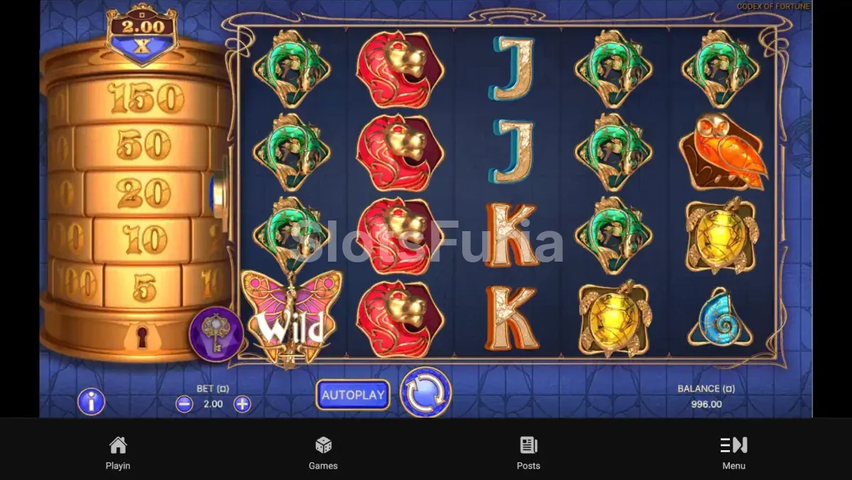 Segunda vista del juego base de Codex of Fortune con los carretes en acción