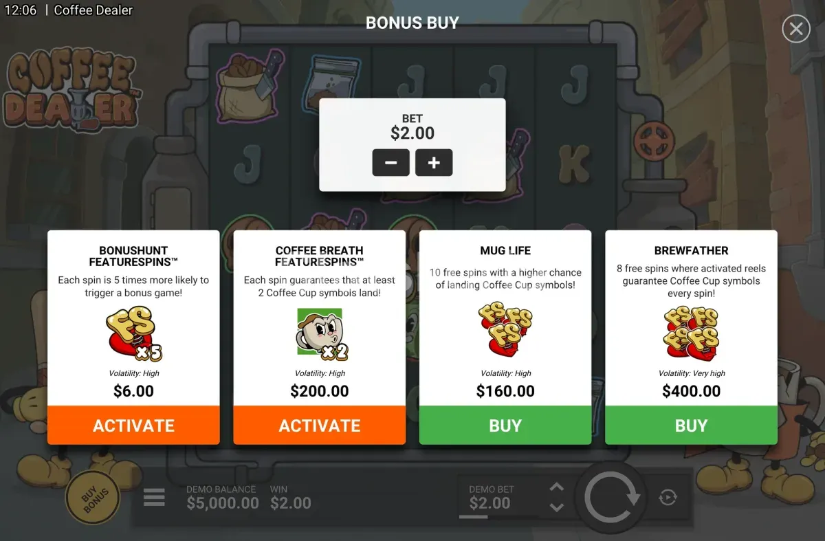 Pantalla de compra de bonus en Coffee Dealer