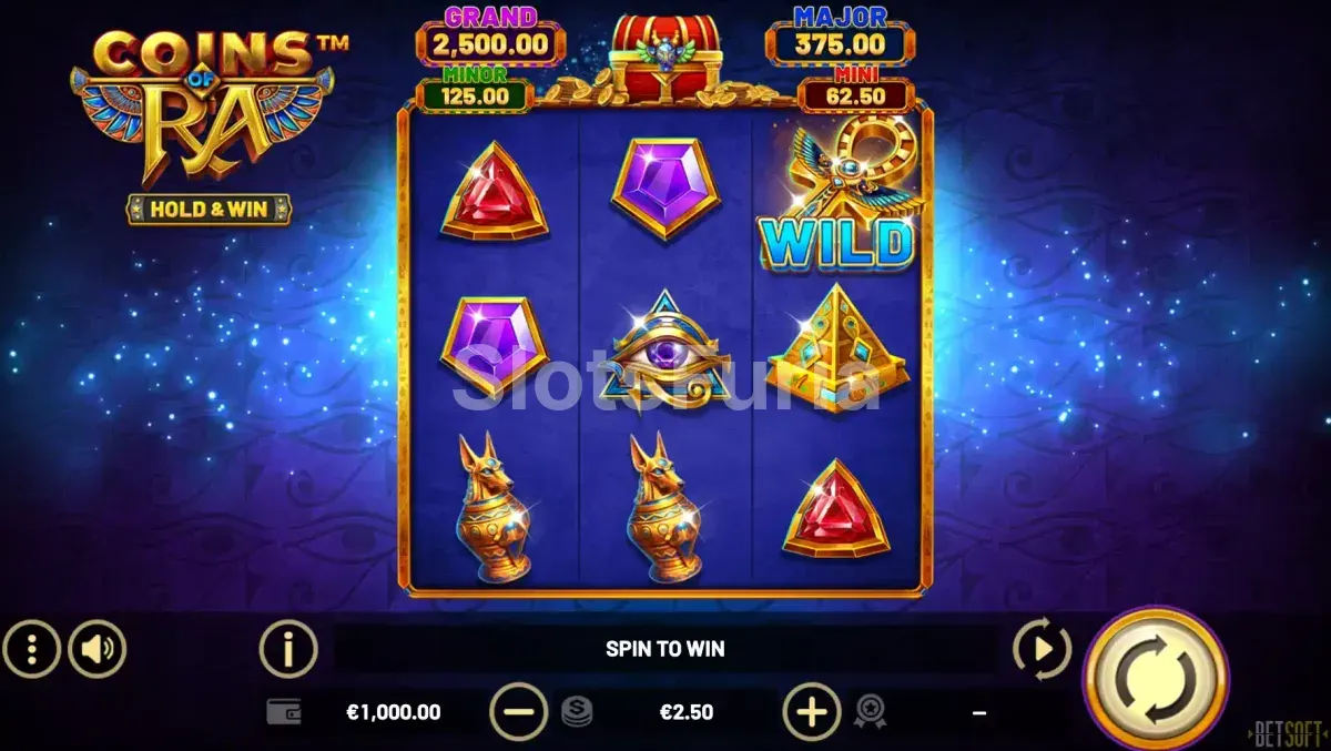 Pantalla principal de Coins of Ra con sus tres rodillos dorados