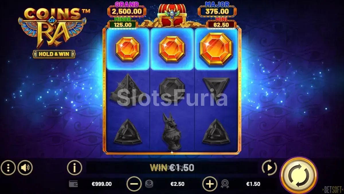 Segunda pantalla de juego base de Coins of Ra mostrando combinación ganadora