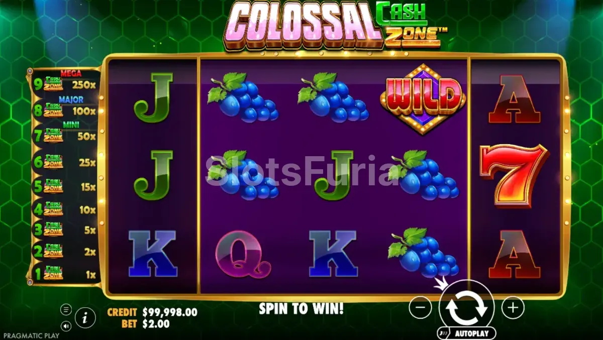 Pantalla principal de Colossal Cash Zone con los rodillos en acción