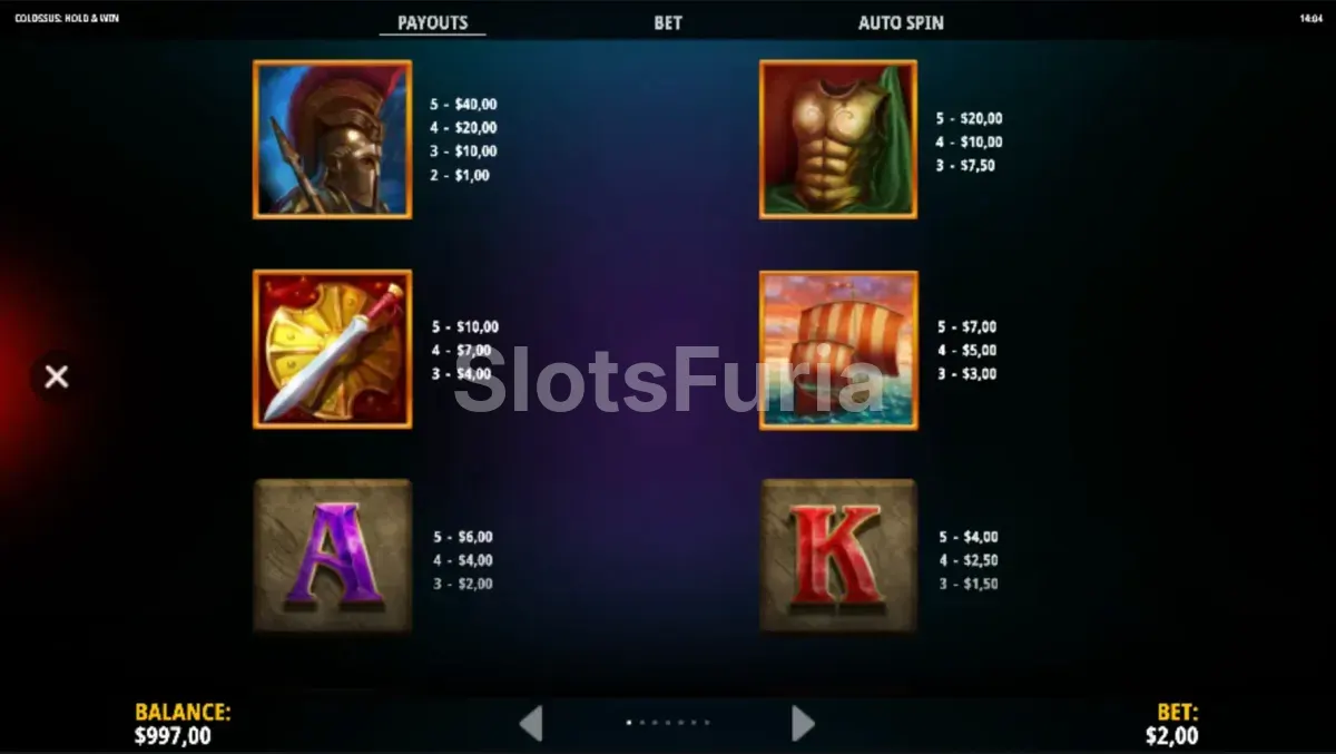 Tabla de pagos y símbolos de Colossus Hold & Win