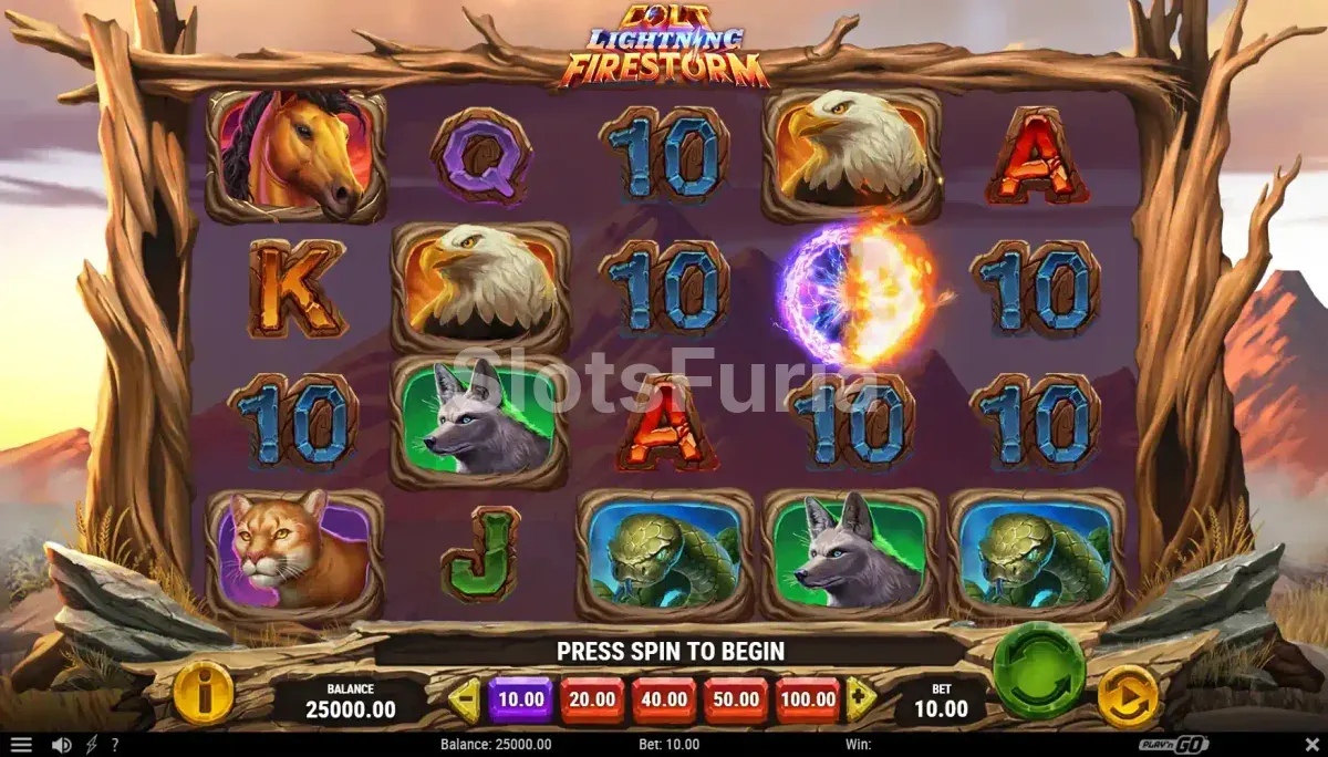 Pantalla principal de Colt Lightning Firestorm con el tablero de juego en el oeste