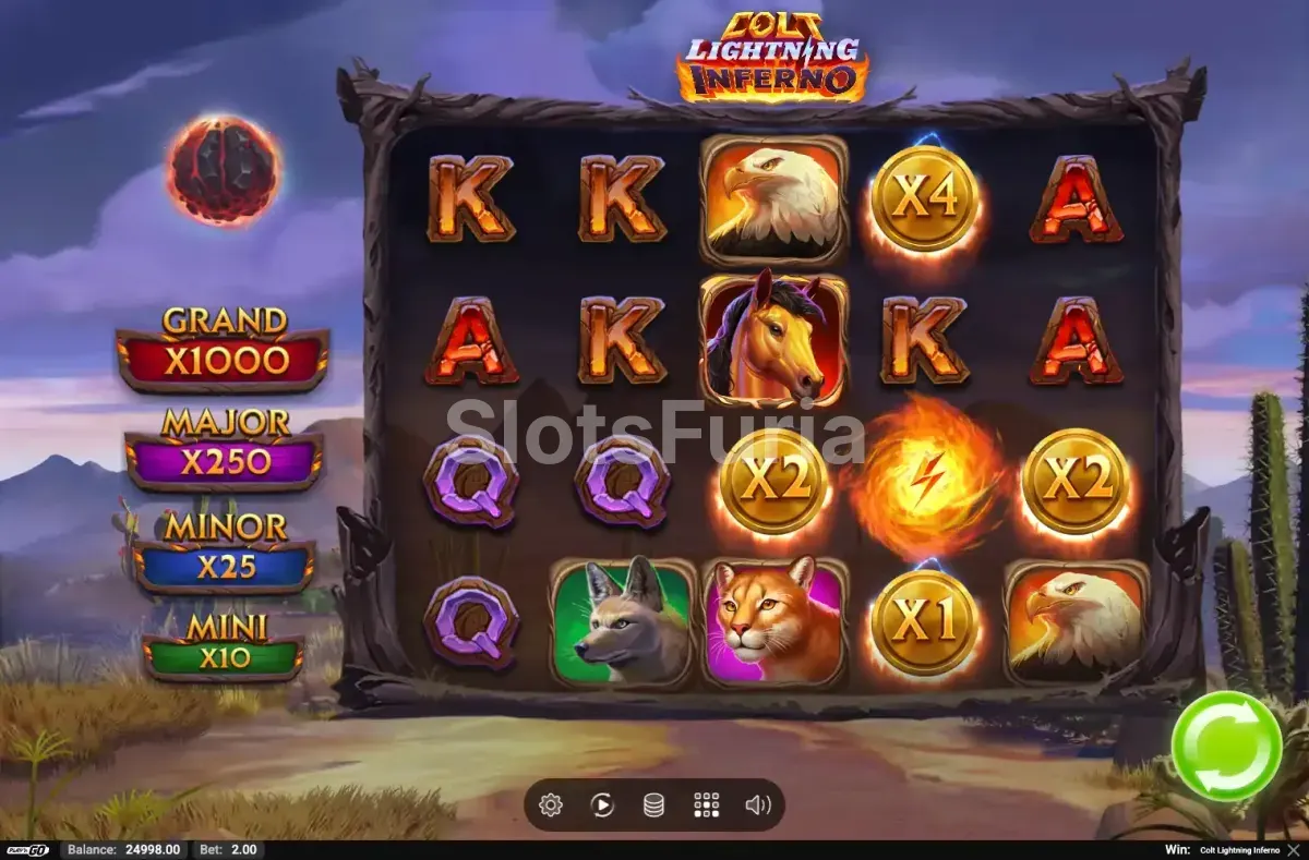 Pantalla principal del juego Colt Lightning Inferno con el potro galopando bajo la tormenta