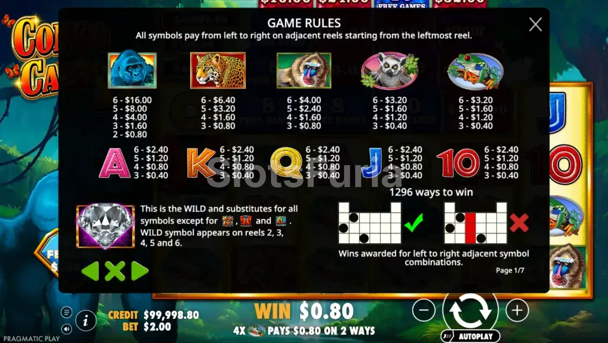 Tabla de pagos de Congo Cash XL con símbolos de animales y cartas