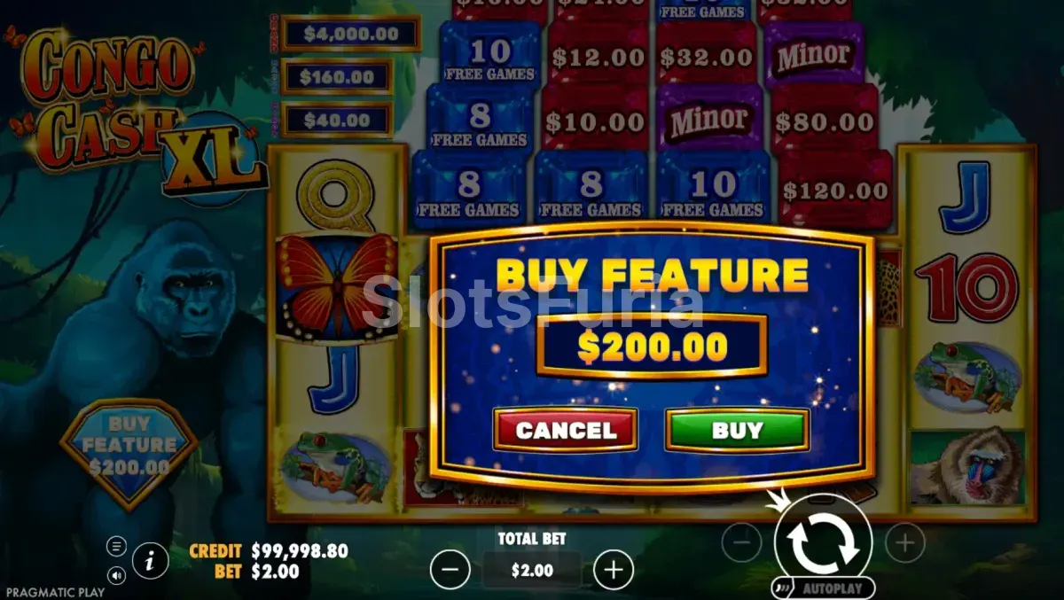 Pantalla de compra de bono de Congo Cash XL a 100x la apuesta