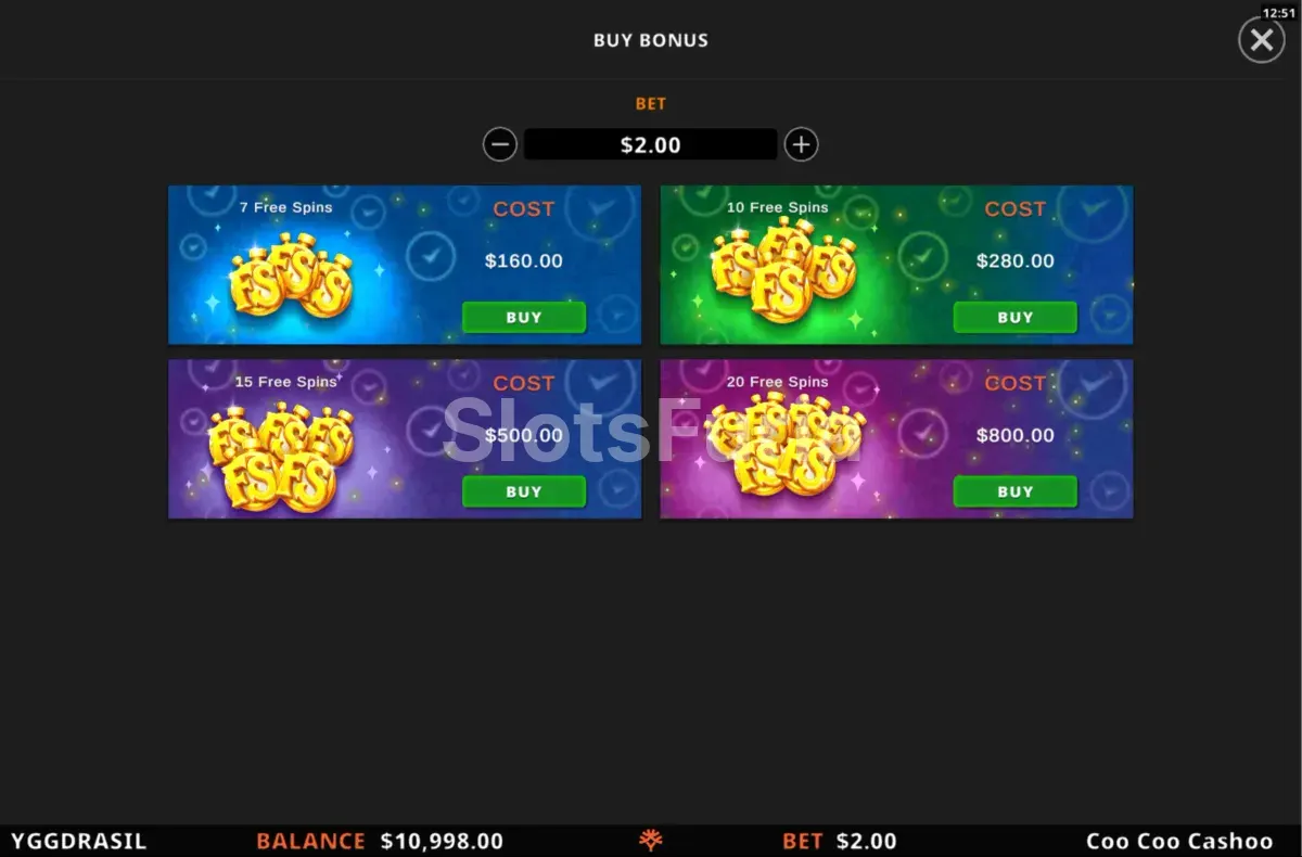 Pantalla de compra de bonus en CooCoo Cashoo con las opciones disponibles