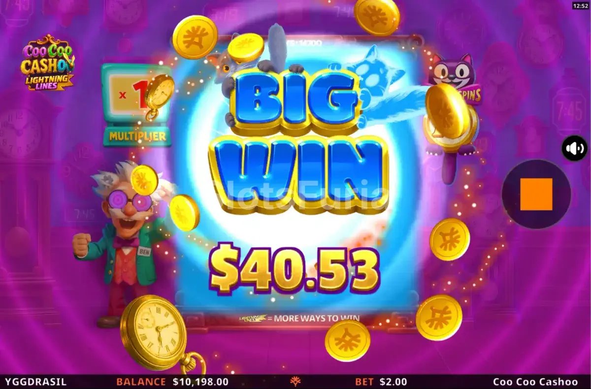 Gran victoria en CooCoo Cashoo con multiplicador máximo activado