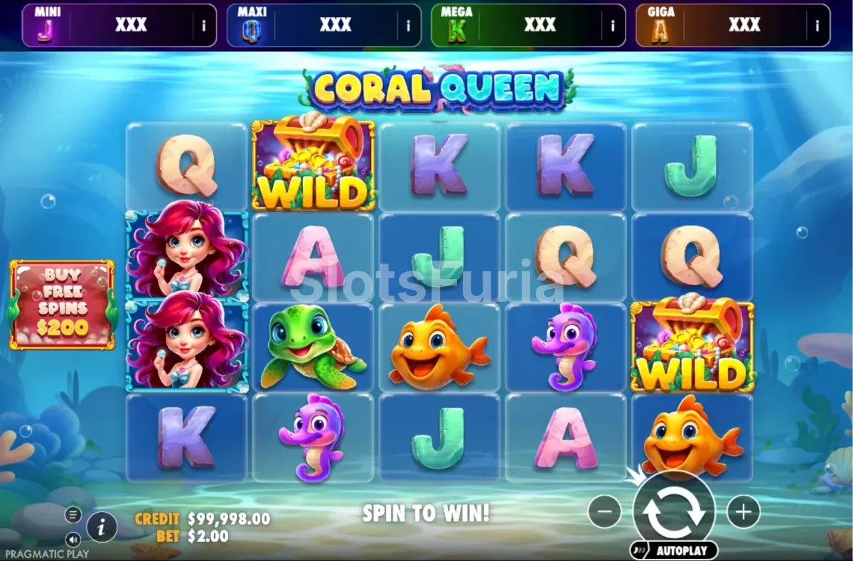 Juego base de Coral Queen Oranje Jackpot con la grilla de 5 rodillos y 4 filas