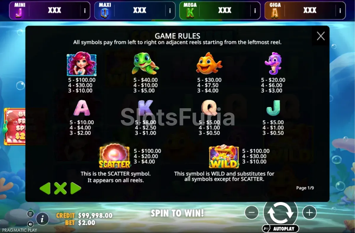 Tabla de pagos de Coral Queen Oranje Jackpot con los valores de cada símbolo