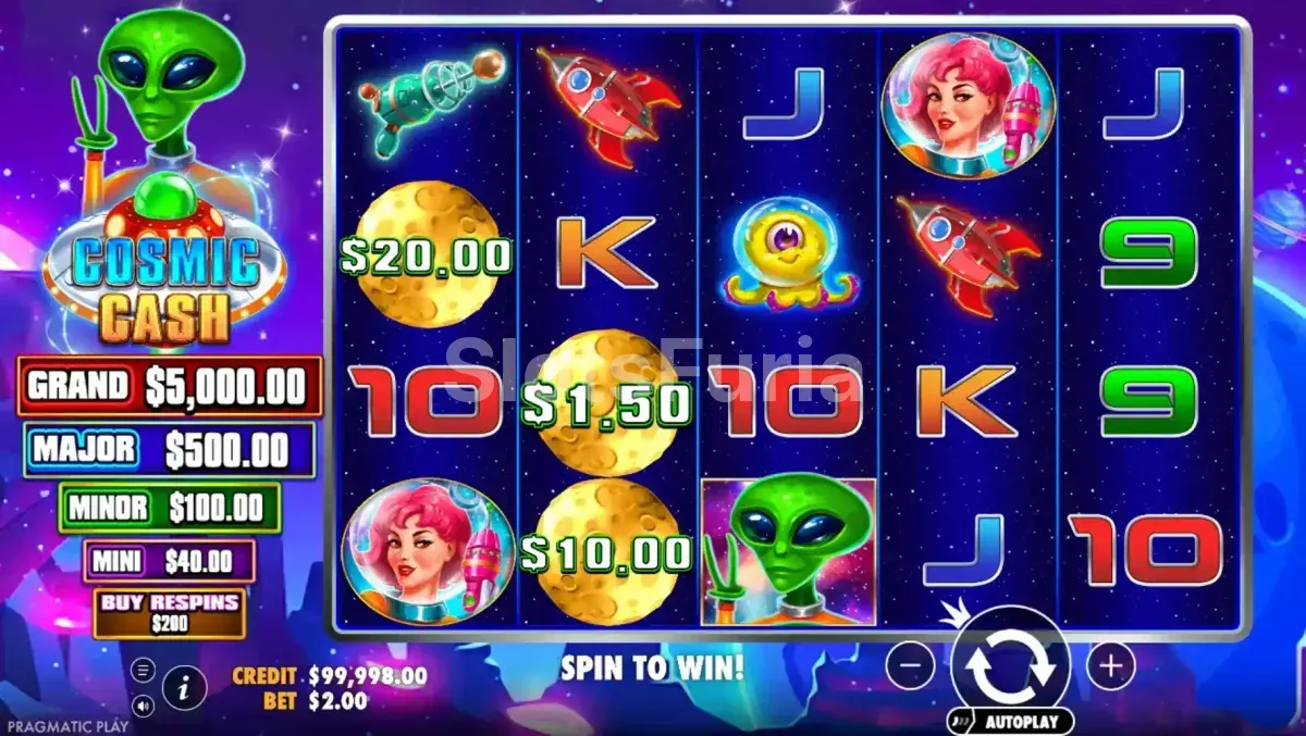 Juego base de Cosmic Cash con los rodillos y los símbolos alienígenas