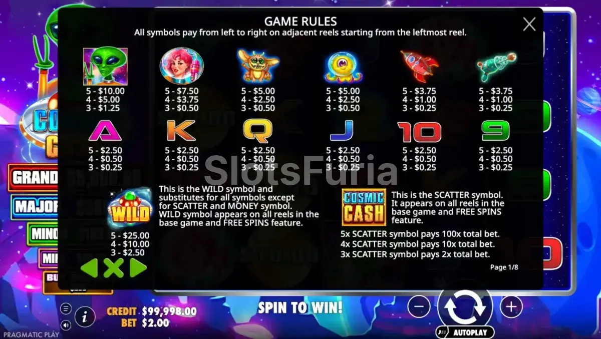 Tabla de pagos de Cosmic Cash con los valores de cada símbolo