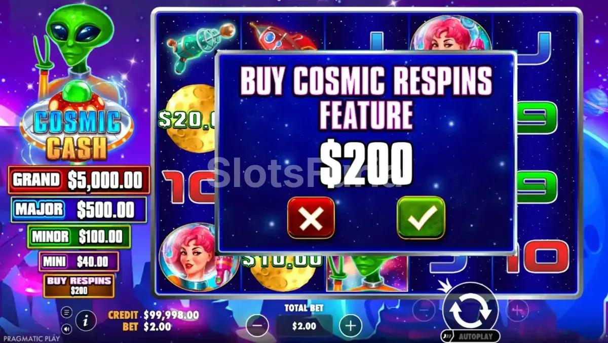 Pantalla de compra de bonos de Cosmic Cash con el costo de 100x