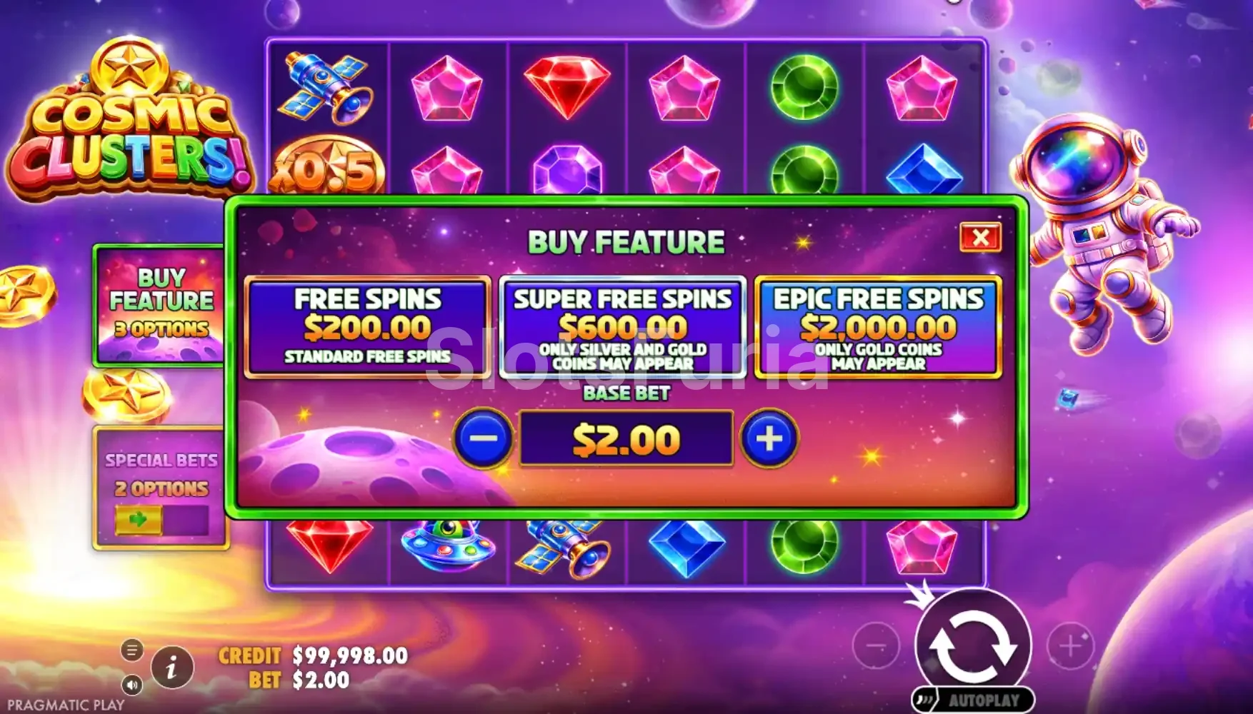 Menú de compra de tres opciones de Cosmic Clusters, tragamonedas espacial de Pragmatic Play