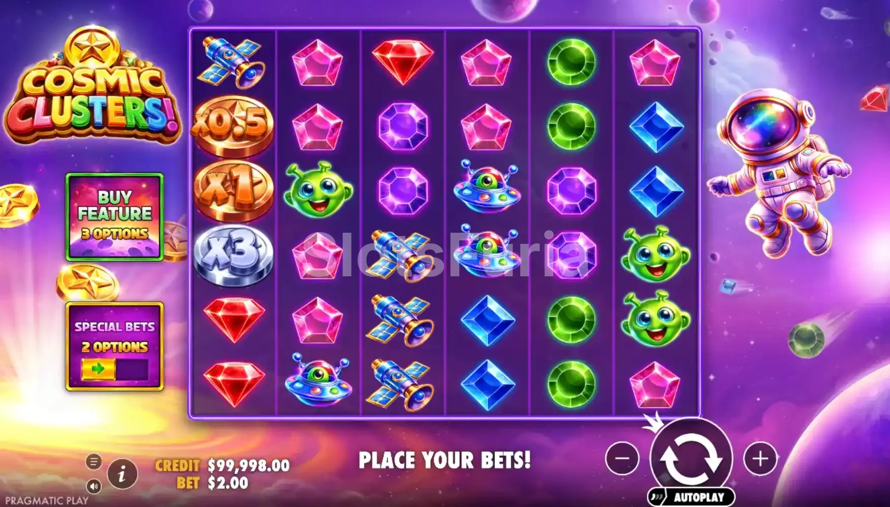 Juego base de Cosmic Clusters con la cuadrícula de 6x6 y el astronauta
