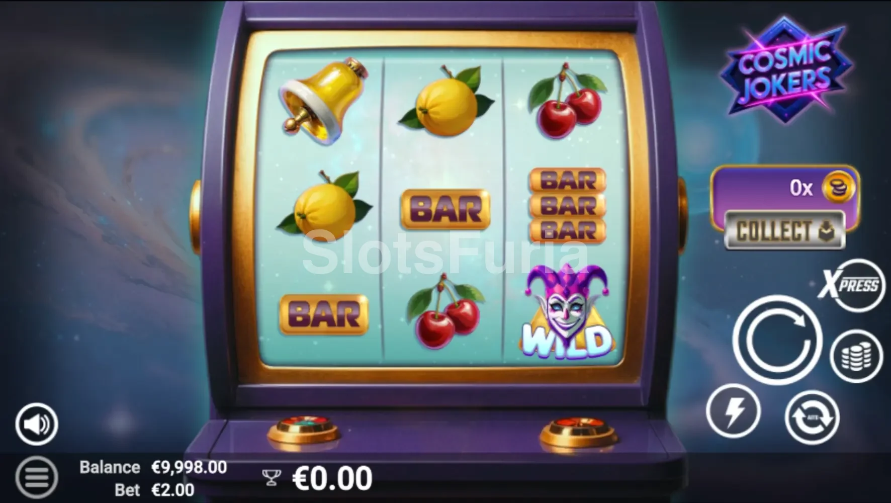 Pantalla principal del juego base de Cosmic Jokers con sus 3 rouleaux y temática galáctica