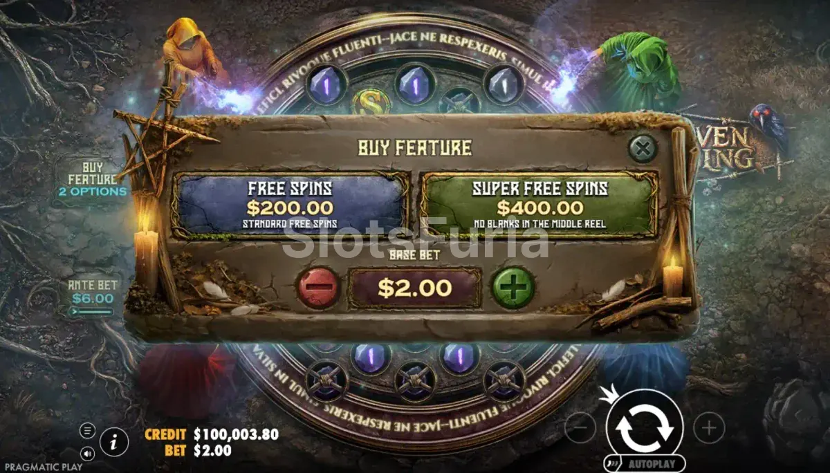 Menú de compra de bono de Coven Rising, tragamonedas de magia de Pragmatic Play