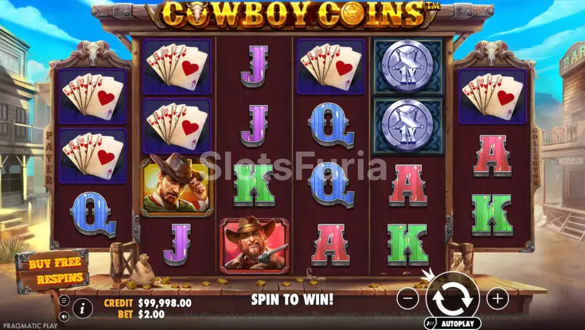 Pantalla principal del juego base de Cowboy Coins con los seis carretes