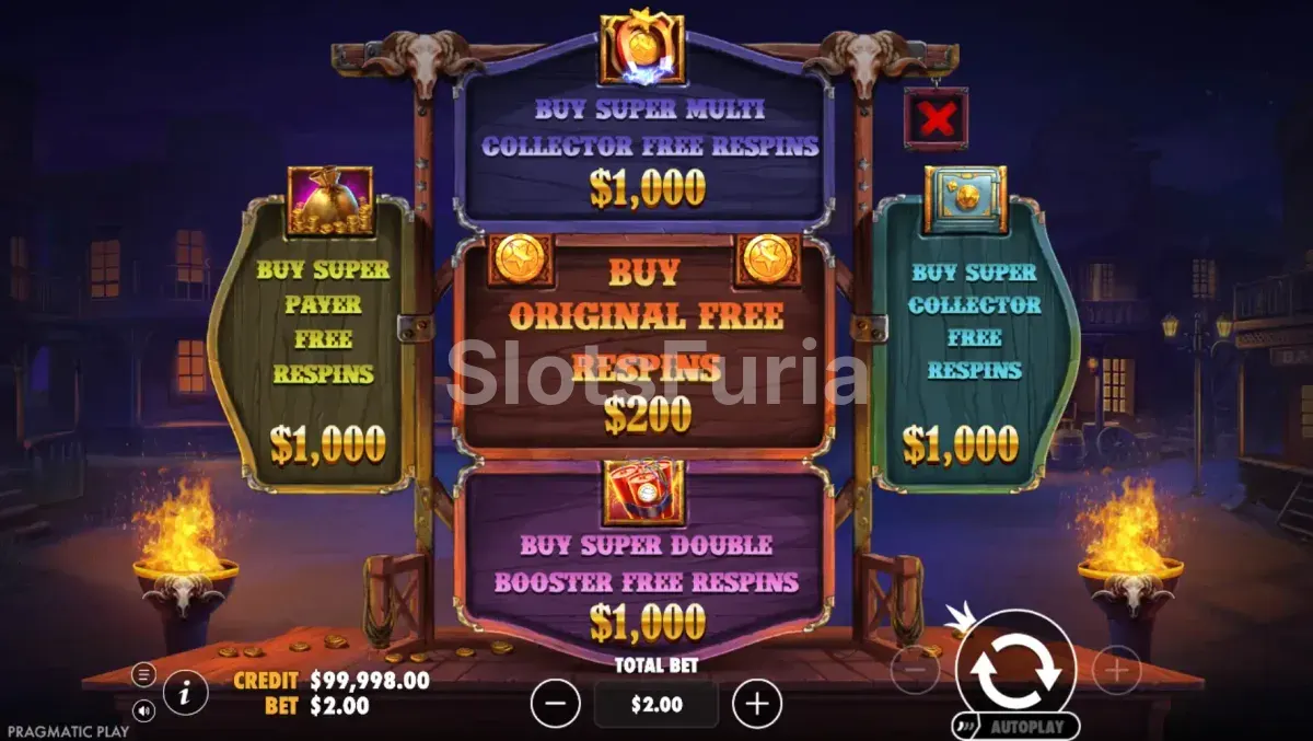 Menú de compra de bonus en Cowboy Coins de Pragmatic Play