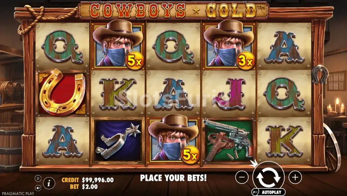 Segunda pantalla de juego base de Cowboys Gold con función activa