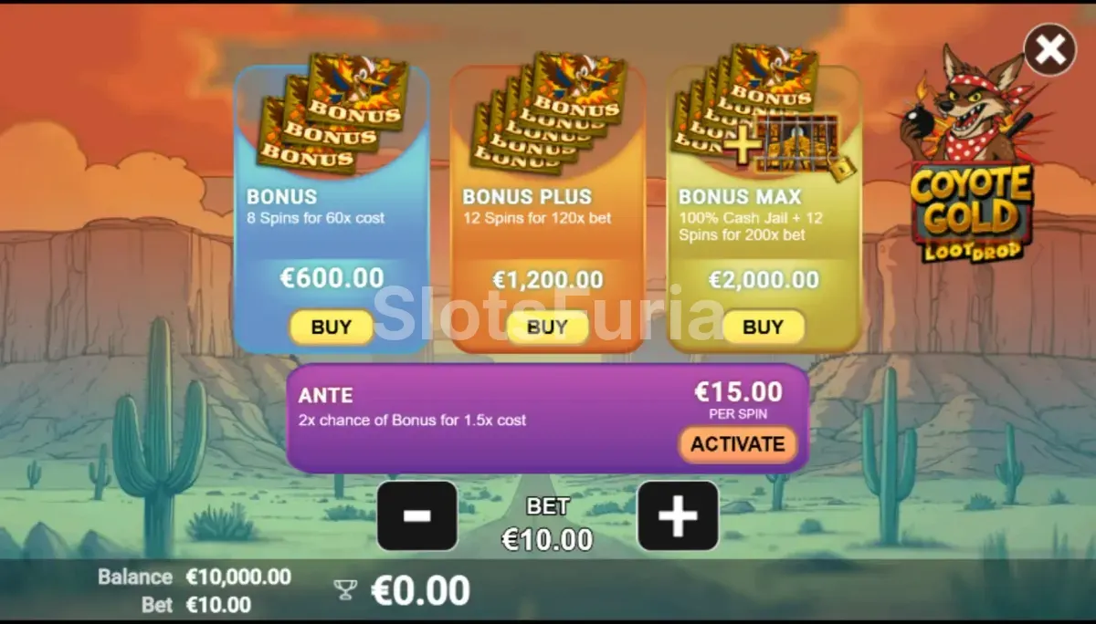 Pantalla de compra de bonus en Coyote Gold