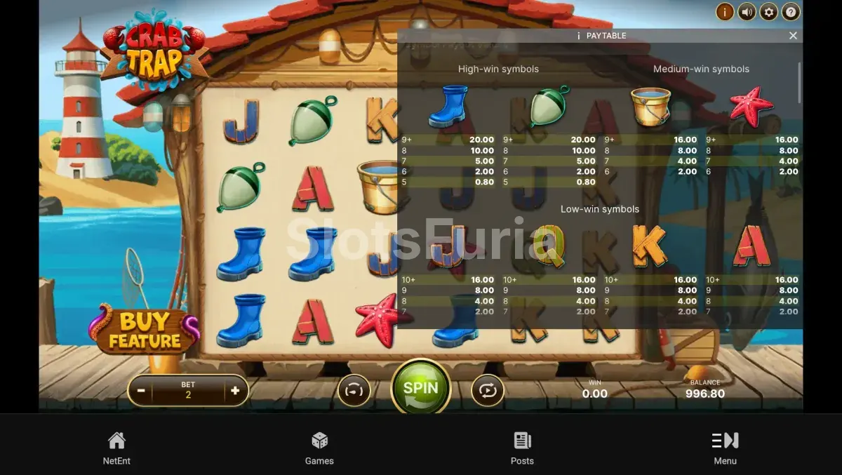 Tabla de pagos del slot Crab Trap con símbolos y valores