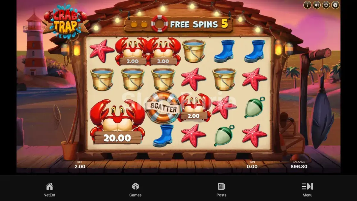 Pantalla de tiradas gratuitas activadas en Crab Trap