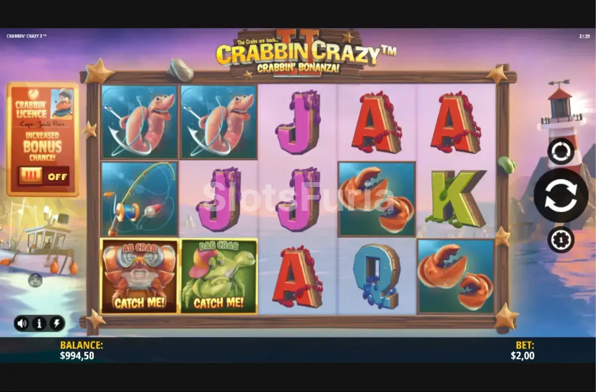 Segunda pantalla del juego base de Crabbin' Crazy 2 Crabbin' Bonanza! con múltiples ganancias activas