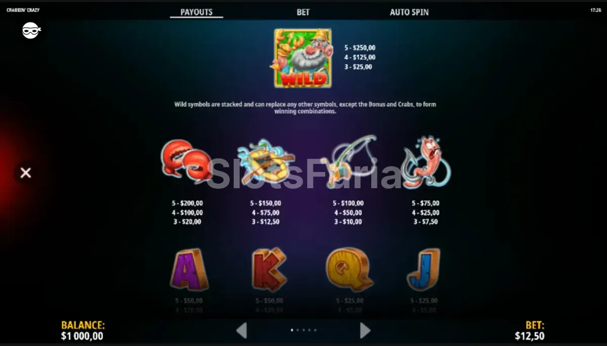 Tabla de pagos detallada de la slot Crabbin' Crazy