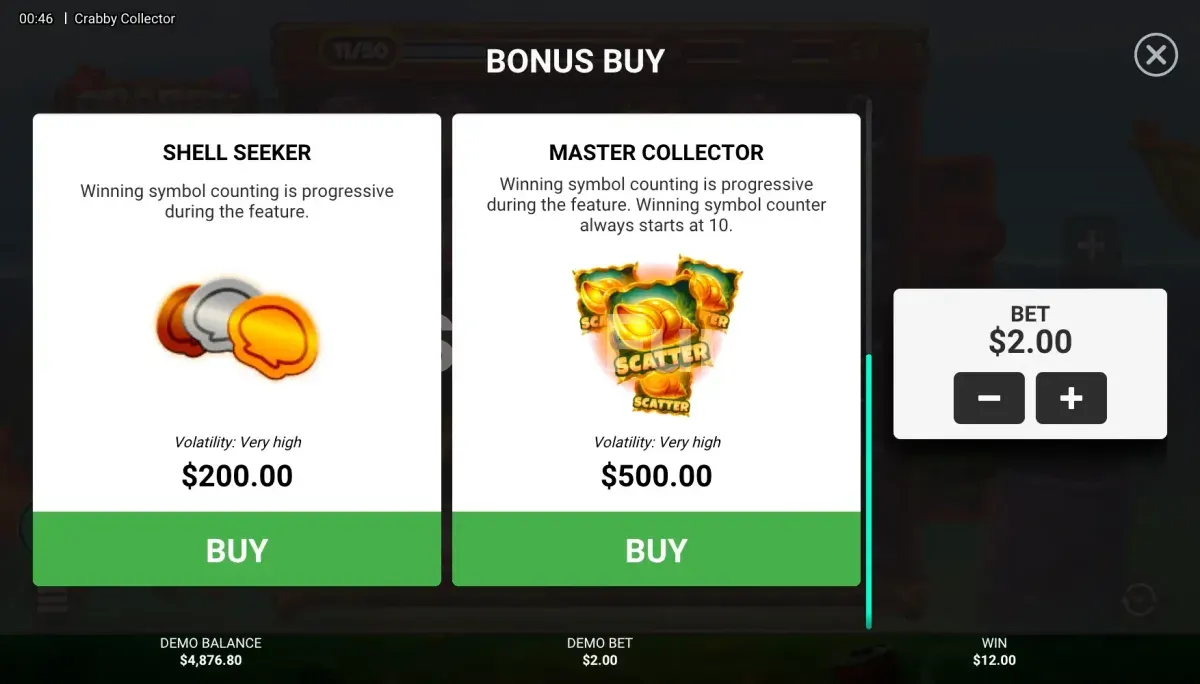 Menú de compra de bonos en Crabby Collector de Hacksaw Gaming