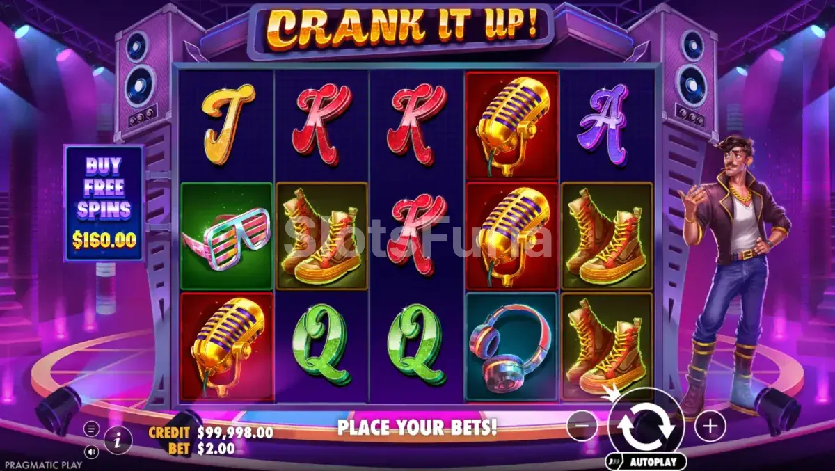 Pantalla principal de la tragamonedas Crank It Up con su cuadrícula de 5 rodillos