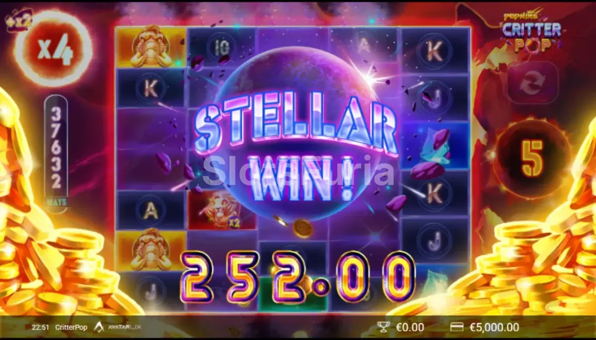Pantalla de gran victoria en CritterPop con multiplicador máximo alcanzado