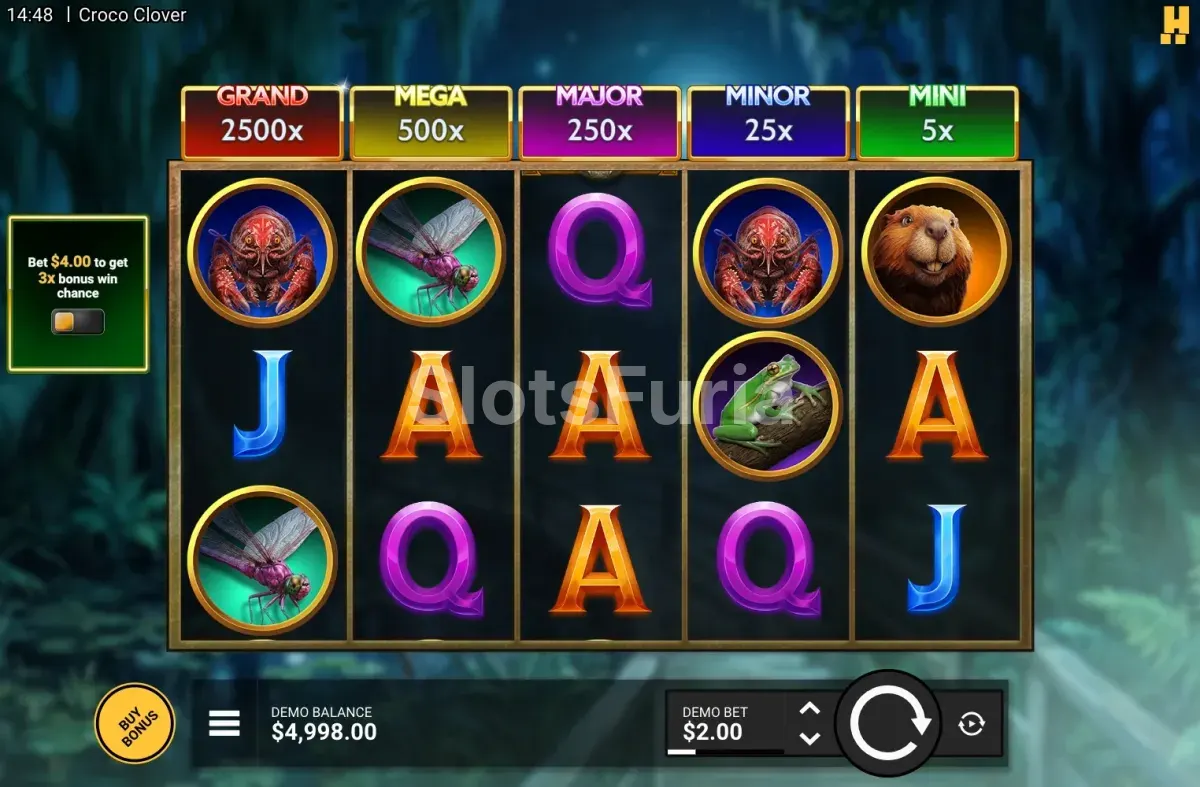Juego base de Croco Clover con la grilla de 5x3 y los jackpots arriba