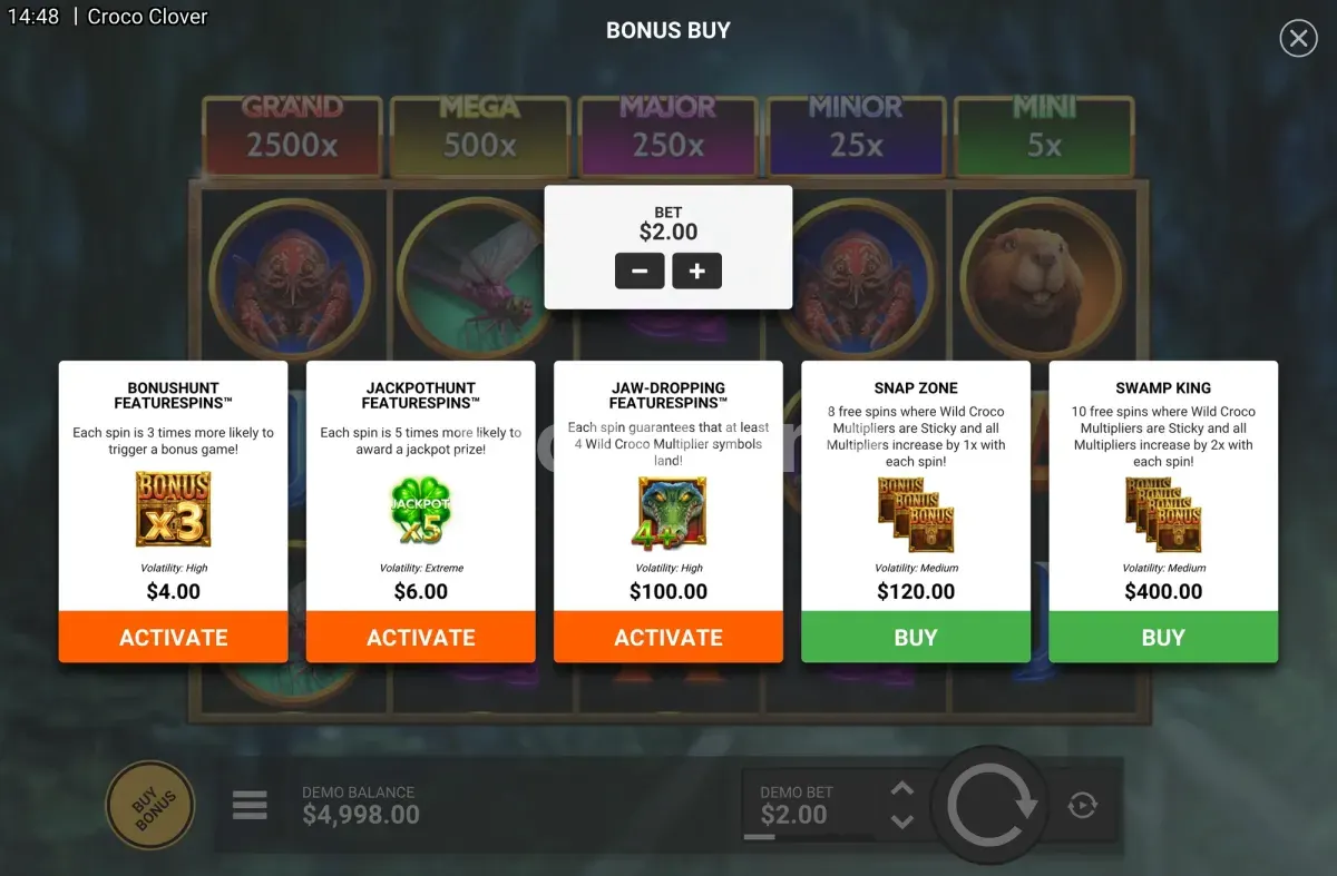 Menú de compra de bono de Croco Clover