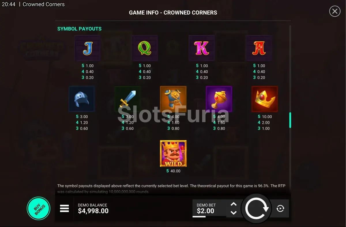 Tabla de pagos detallada de la slot Crowned Corners