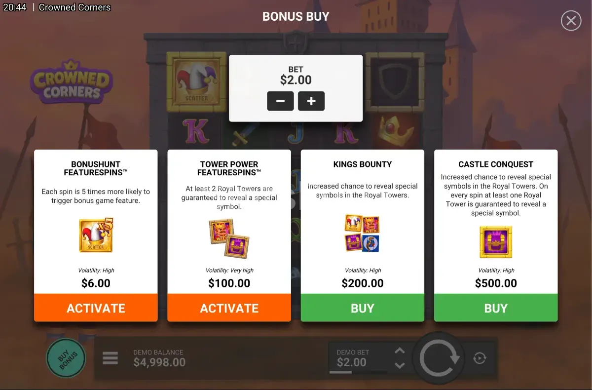 Pantalla de compra de bonos en Crowned Corners de Hacksaw Gaming