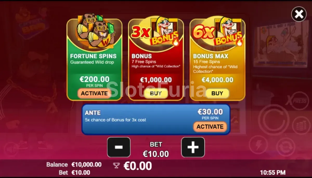 Pantalla de compra de bonus en Crypto Bro con las opciones disponibles