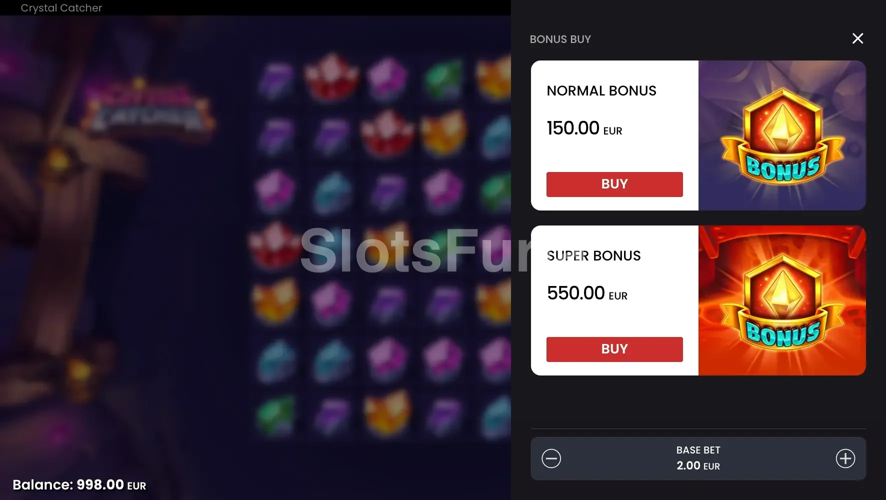 Pantalla de compra de bonos en Crystal Catcher con las dos opciones disponibles
