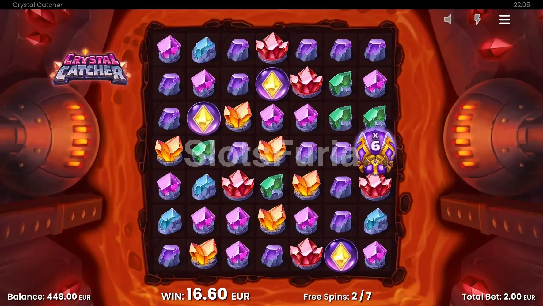 Giros gratis activados en Crystal Catcher con Wild Beetle fijo en el tablero