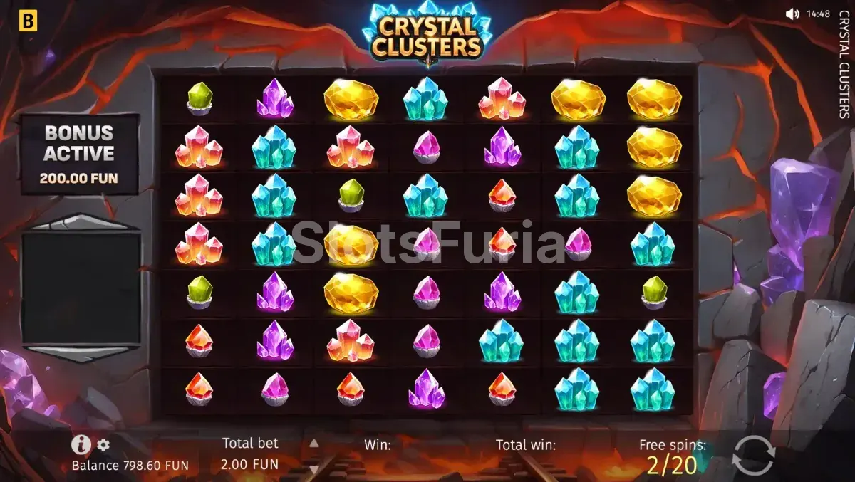 Función de giros gratis de Crystal Clusters con multiplicadores activos y cristales brillando