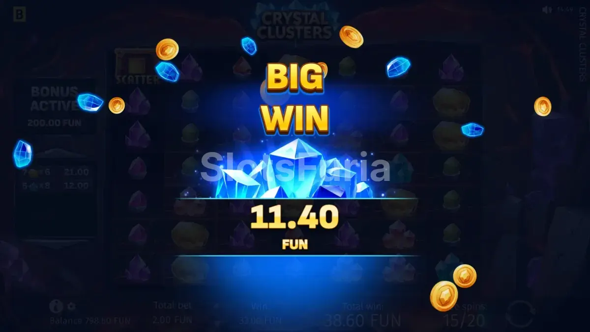 Gran victoria en Crystal Clusters con multiplicadores máximos y pantalla de celebración