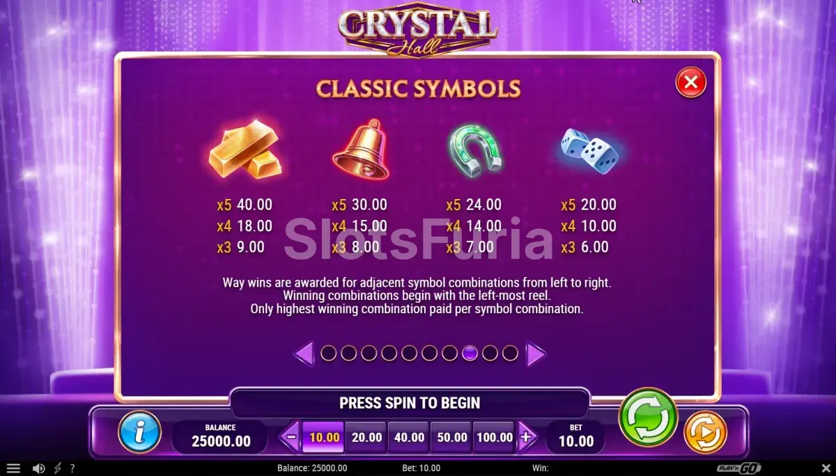 Segunda pantalla de pagos de Crystal Hall con símbolos especiales