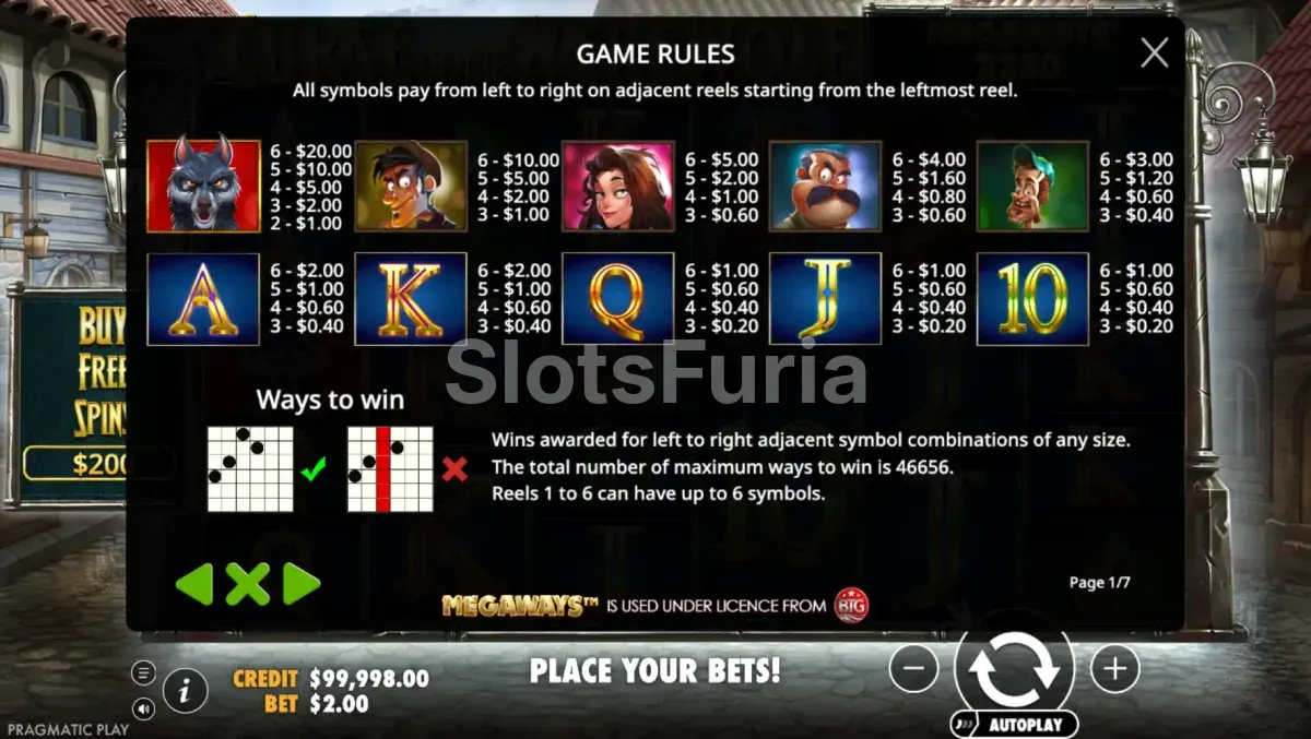 Tabla de pagos de la slot Curse of the Werewolf Megaways
