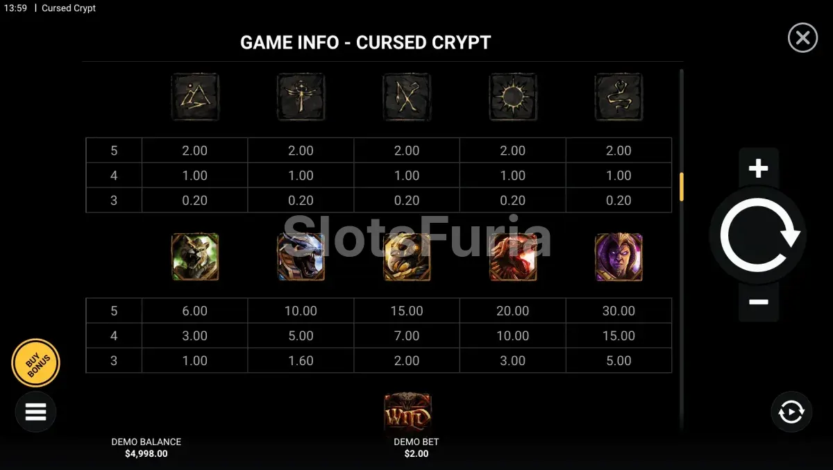 Tabla de pagos de Cursed Crypt con todos los símbolos