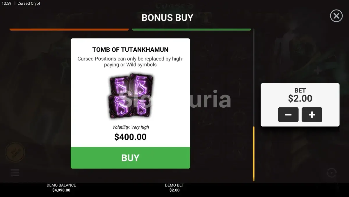Opciones de compra de bonus disponibles en Cursed Crypt