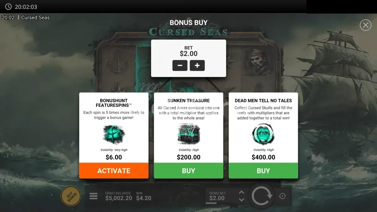 Pantalla de compra de bonus en Cursed Seas con opciones disponibles