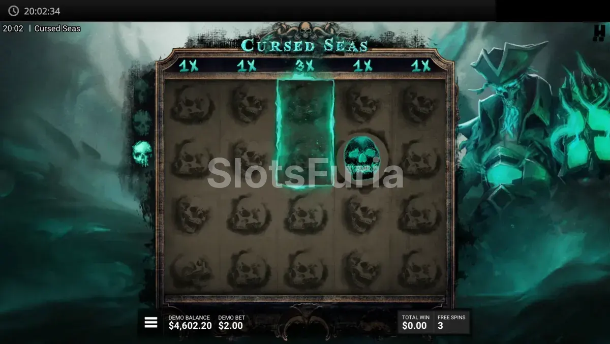 Ronda de giros gratis activada en Cursed Seas con multiplicadores en acción