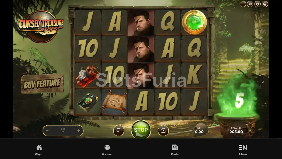 Pantalla principal del juego Cursed Treasure con la jungla de fondo