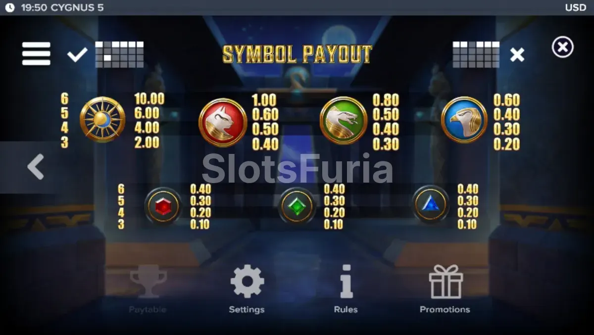 Tabla de pagos y símbolos de Cygnus 5