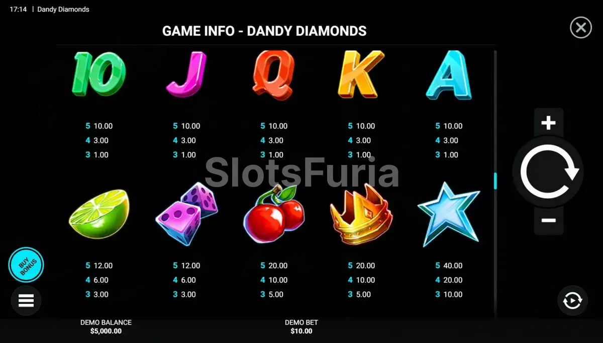 Tabla de pagos y símbolos de Dandy Diamonds